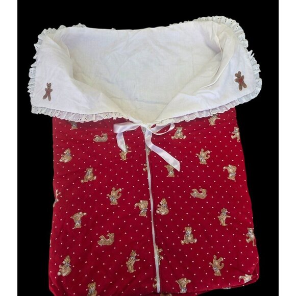Handmade 80s Baby Bunting Bag 24x16 Red Teddy Print Baby Shower Gift Photo Prop - Picture 3 of 8